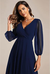 Abito da sera da donna in chiffon con scollo a V, maniche lunghe, abito da damigella, lunghezza midi, abito per invitata a matrimonio