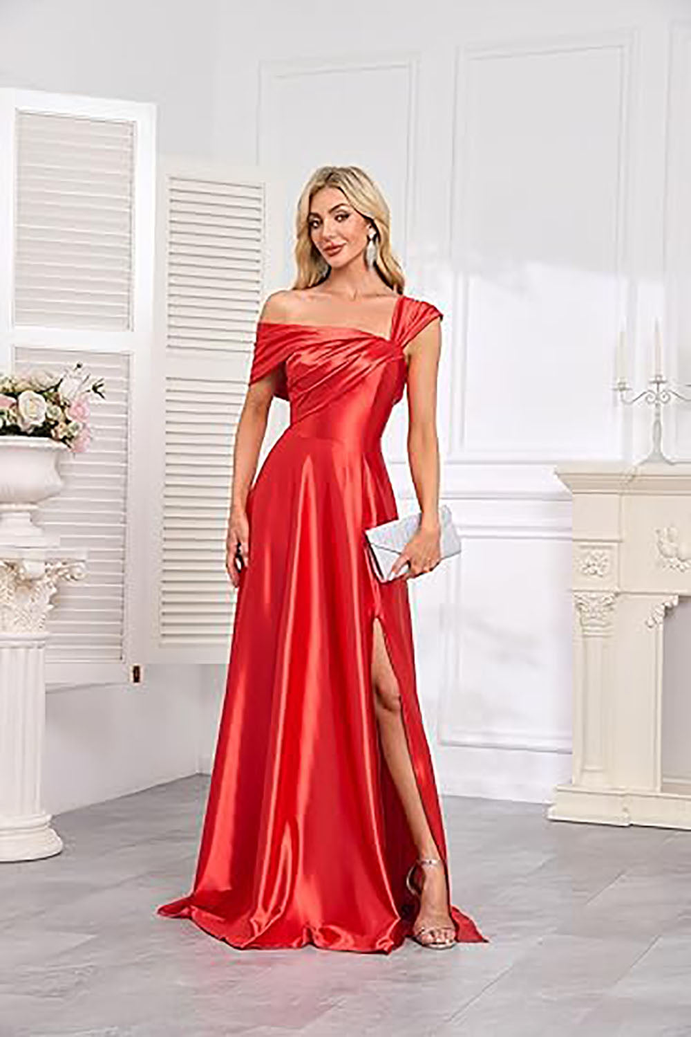 Abiti formali in raso con spalle scoperte per donna Abiti da festa a linea A Abiti da ballo lunghi Abiti da damigella