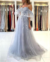 Vestidos de Baile Longos com Ombros Descobertos, Tule, Apliques, Vestido de Festa com Alças Finas, Vestidos Formais de Noite