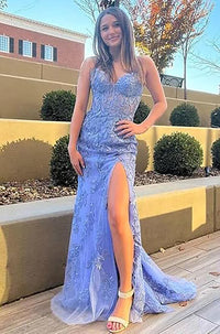 Vestidos de Baile Elegantes com Aplicação de Renda, Estilo Sereia, Fenda, Alças Finas, Vestidos Formais em Tule, Vestidos de Festa Sensuais