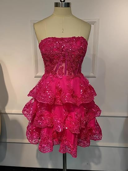Mini robe de soirée sexy sans bretelles en dentelle avec appliques, robe de cocktail à plusieurs niveaux, robe de bal, robe de soirée