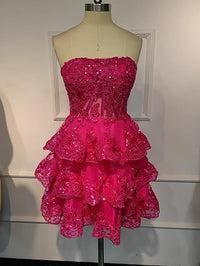 Mini robe de soirée sexy sans bretelles en dentelle avec appliques, robe de cocktail à plusieurs niveaux, robe de bal, robe de soirée