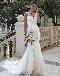 Halter Neck Lace Wedding Dresses for Bride 2025 Illusion Lace Applique Sleeveless Mermaid Bridal Gowns