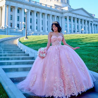 Strapless Quinceanera Dresses Ball Gown Sparkly Tulle Sweet 16 Dresses Puffy Lace Beaded Prom Dress With Sleeves