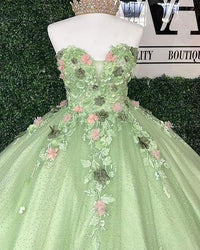 Abiti da Quinceanera con Fiori 3D Scintillanti, Abiti Quince in Tulle Gonfi Senza Spalline, Abiti Sweetheart con Perline e Pizzo, Abiti Sweet 16