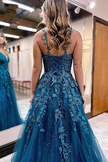 Vestido de Festa Longo em Tule com Aplicações de Renda Brilhante Fivsole, Corte em A Formal para Noite