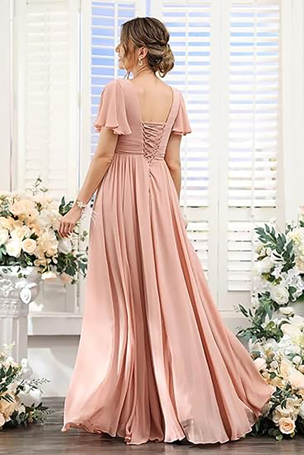 Vestido de Dama de Honra Comprido com Mangas de Folha, Bolsos, Chiffon Franzido, Corte Longo em A, Vestido Formal para Festa com Fenda