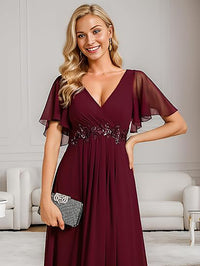 Abito da madre in chiffon con maniche svolazzanti, pizzo, vita decorata con perline, abito formale per festa di matrimonio