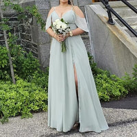 Abito da damigella con spalline sottili, spacco, chiffon plissettato, scollo a barca, linea ad A, abito formale da sera per donna