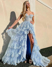 Robe de soirée longue en tulle à épaules dénudées pour femme avec appliques en dentelle et fente