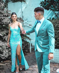 Abiti da sera formali con spalline sottili, paillettes, scollo a V, stile sirena, con spacco, abito da festa scintillante