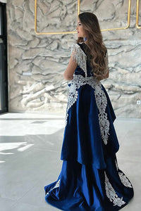 Robe de soirée élégante bleu royal avec dentelle brodée, robe de bal caftan, manches à franges, robe de soirée
