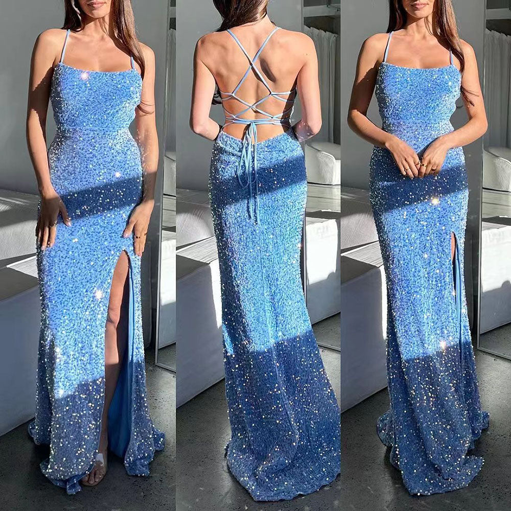 Vestido de Baile Formal de Mulher com Lantejoulas Brilhantes, Estilo Sereia, Fenda, Alças Finas, 2024
