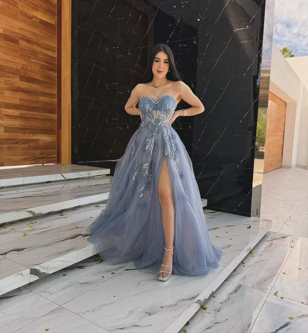 Abito da sera lungo da donna formale con scollo a cuore, tulle, pizzo, linea ad A e spacco sulla coscia