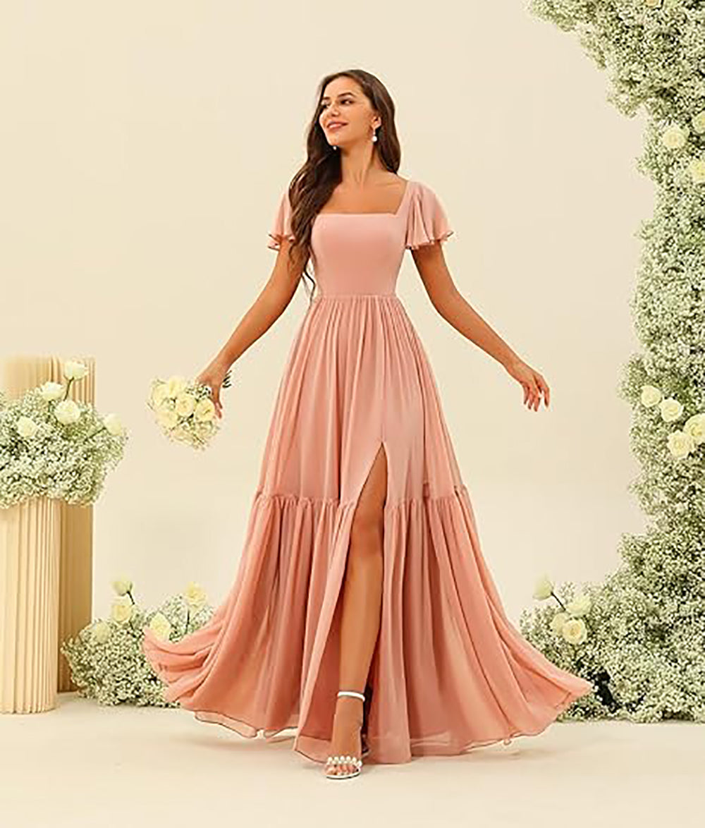 Vestidos de Dama de Honra com Decote em U, Fenda e Mangas de Chiffon com Folhos, Vestidos Formais Longos para Festa com Bolsos