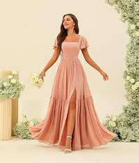 Vestidos de Dama de Honra com Decote em U, Fenda e Mangas de Chiffon com Folhos, Vestidos Formais Longos para Festa com Bolsos