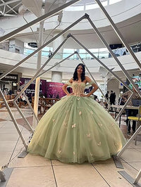Vestidos de Quinceanera Butterfly com Laço Vestido de Baile Fofo Sweet 16 com Cauda Vestido de Quince Ombro a Ombro