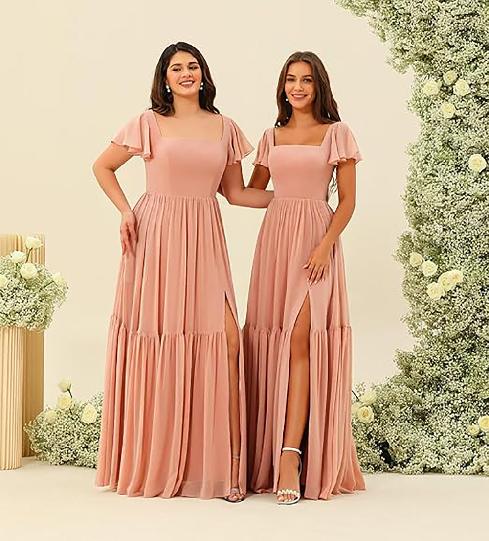 Vestidos de Dama de Honra com Decote em U, Fenda e Mangas de Chiffon com Folhos, Vestidos Formais Longos para Festa com Bolsos