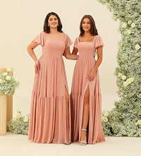 Vestidos de Dama de Honra com Decote em U, Fenda e Mangas de Chiffon com Folhos, Vestidos Formais Longos para Festa com Bolsos