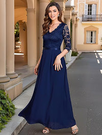 Abito lungo da sera formale da donna con pizzo floreale e maniche 2/3, abito da damigella