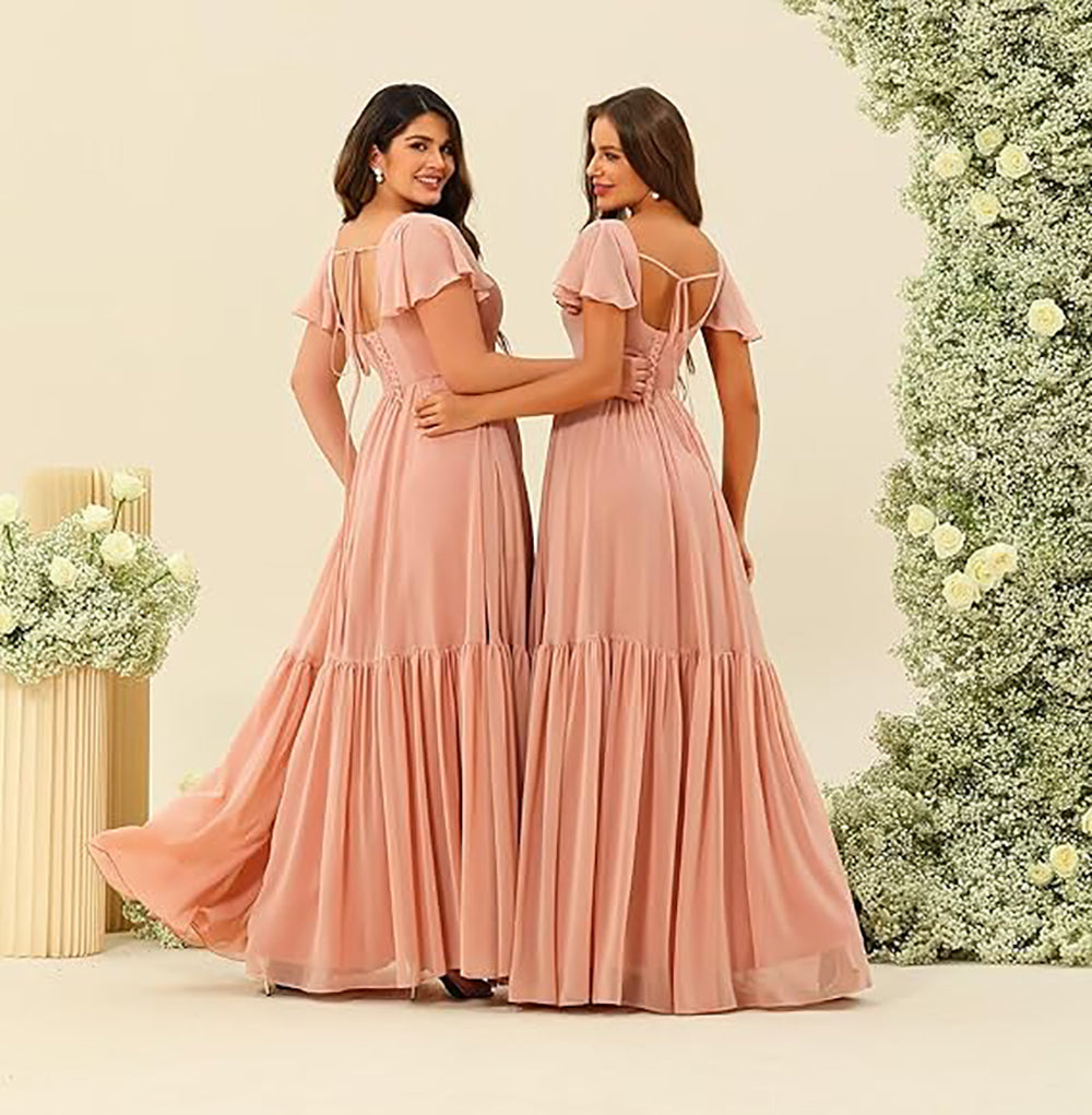 Vestidos de Dama de Honra com Decote em U, Fenda e Mangas de Chiffon com Folhos, Vestidos Formais Longos para Festa com Bolsos