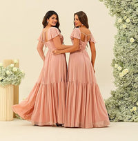 Vestidos de Dama de Honra com Decote em U, Fenda e Mangas de Chiffon com Folhos, Vestidos Formais Longos para Festa com Bolsos