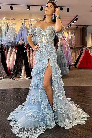 Glitter Tiered Tulle Lace Prom Dresses Long for Teens Spaghetti Straps   Msikoods Official Store