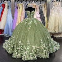 Abiti da Quinceanera con Fiori 3D Scintillanti, Abiti Quince in Tulle Gonfi Senza Spalline, Abiti Sweetheart con Perline e Pizzo, Abiti Sweet 16