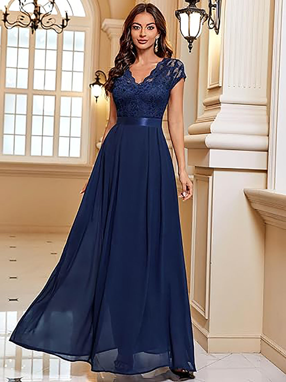 Robe de soirée élégante en dentelle florale pour femme, robe de demoiselle d'honneur à col en V