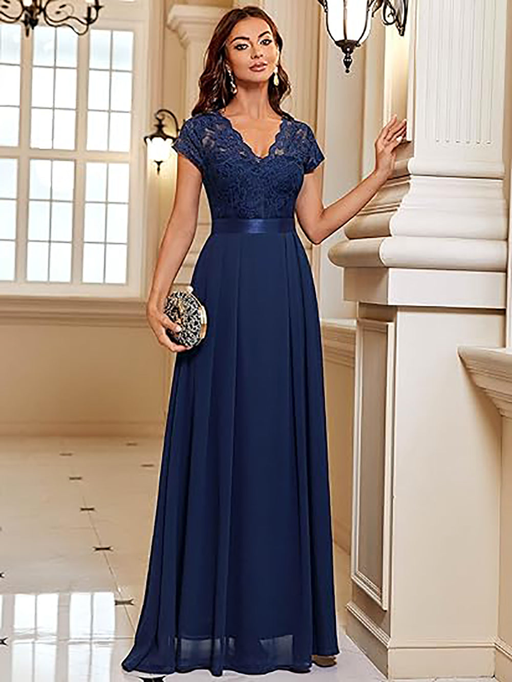 Robe de soirée élégante en dentelle florale pour femme, robe de demoiselle d'honneur à col en V