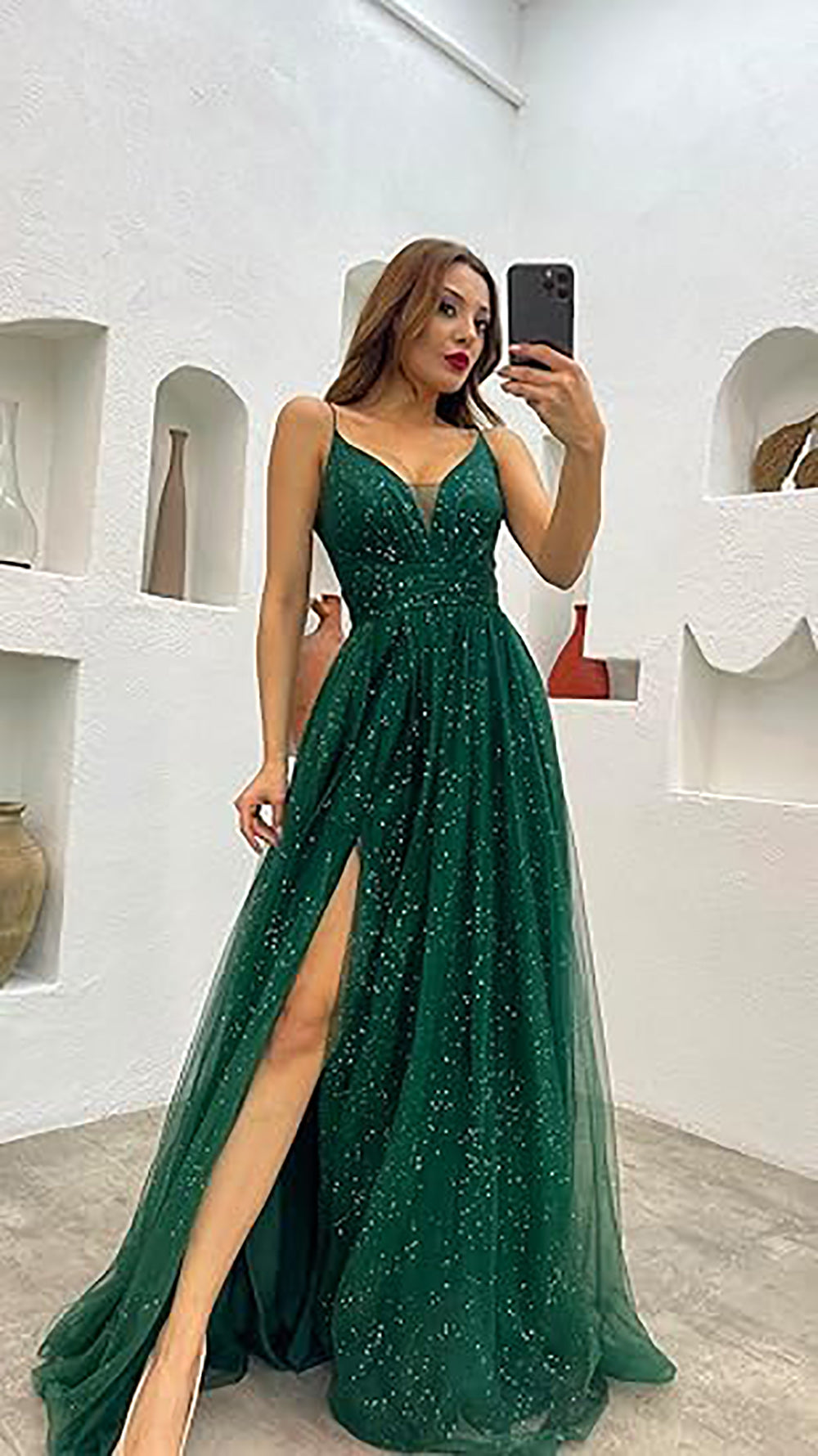 Vestidos Formais de Tule Brilhante para Mulheres com Decote em V, Pregas, Sexy, Fenda Alta, Alças Finas, Vestidos de Baile