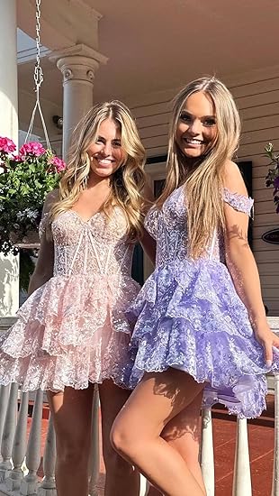 Vestidos de Volta a Casa com Lantejoulas Brilhantes 2025 para Adolescentes, Ombros Descobertos, Curto, em Camadas, com Renda, Vestidos de Baile, Vestido de Cocktail
