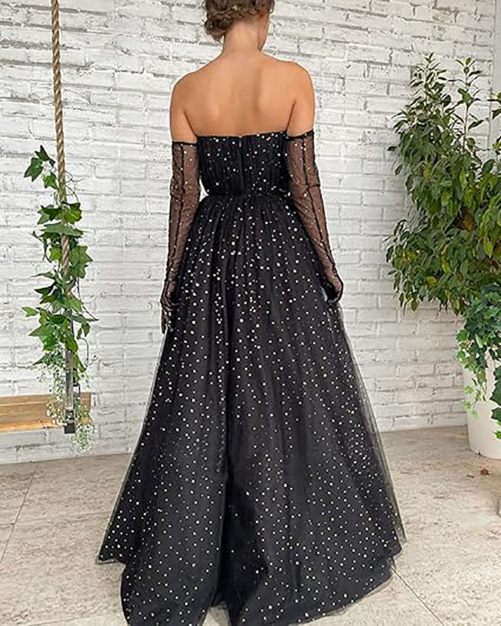 Vestidos de Festa de Tule Estrelado Brilhante para Mulheres, Decote Coração, Corte A, Vestido Formal para Festa com Mangas Longas em Capa