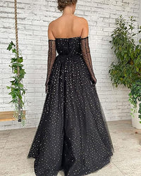 Vestidos de Festa de Tule Estrelado Brilhante para Mulheres, Decote Coração, Corte A, Vestido Formal para Festa com Mangas Longas em Capa
