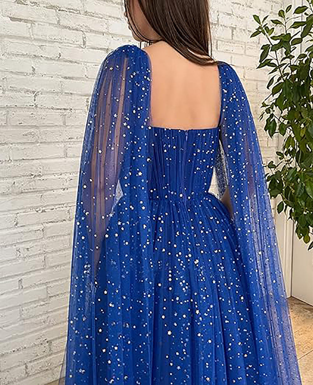Vestidos de Festa de Tule Estrelado Brilhante para Mulheres, Decote Coração, Corte A, Vestido Formal para Festa com Mangas Longas em Capa