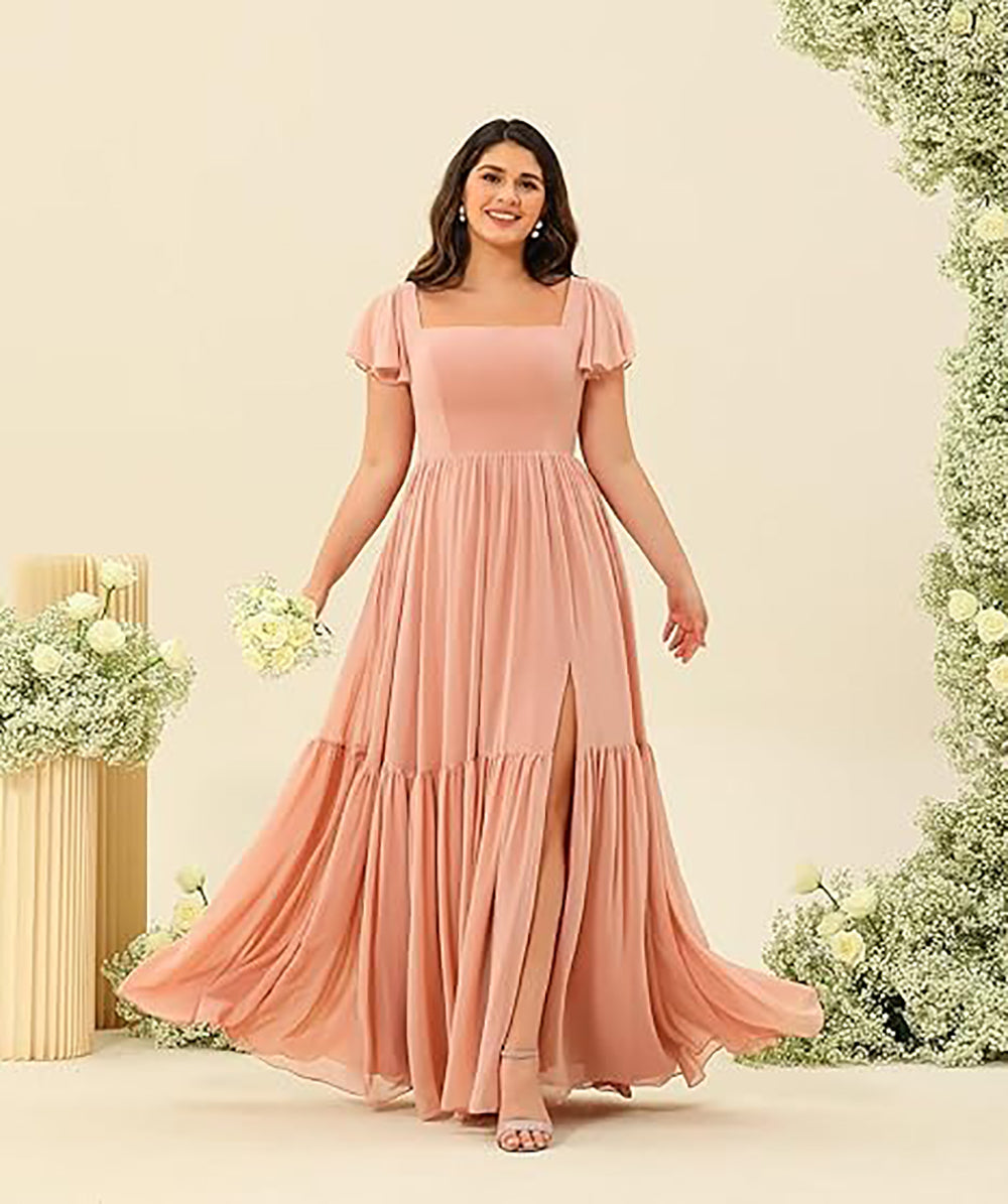 Vestidos de Dama de Honra com Decote em U, Fenda e Mangas de Chiffon com Folhos, Vestidos Formais Longos para Festa com Bolsos