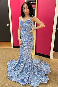 Abiti da sera a sirena scintillanti con schiena scoperta, abito aderente formale da donna con strascico
