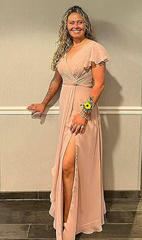 Vestido de Dama de Honra Comprido com Mangas de Folha, Bolsos, Chiffon Franzido, Corte Longo em A, Vestido Formal para Festa com Fenda