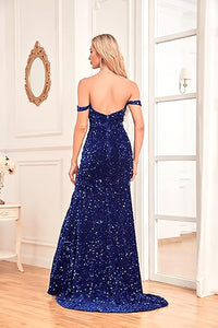 Abito da sera elegante a sirena con spalle scoperte e spacco, con paillettes, per feste formali