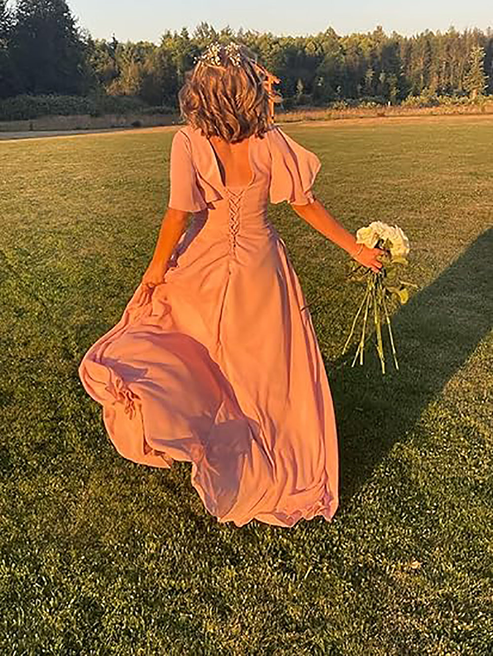 Vestido de Dama de Honra para Mulheres com Mangas de Folha em Chiffon Vestido de Noite para Festa de Casamento