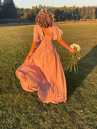 Vestido de Dama de Honra para Mulheres com Mangas de Folha em Chiffon Vestido de Noite para Festa de Casamento