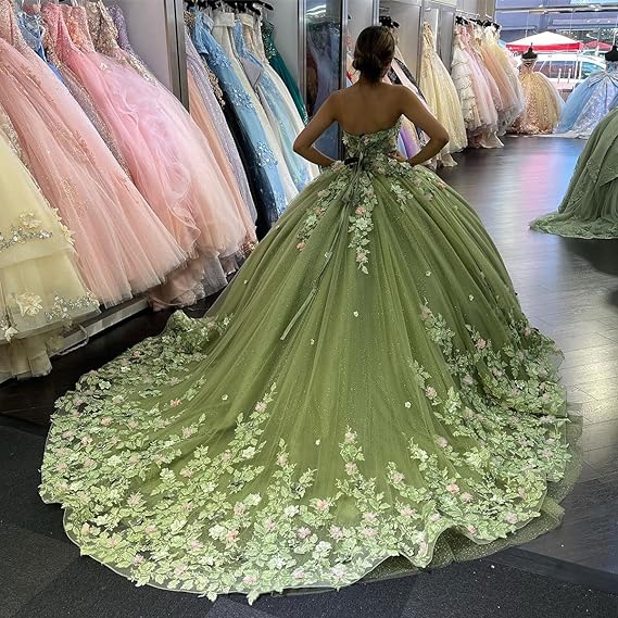 Abiti da Quinceanera con Fiori 3D Scintillanti, Abiti Quince in Tulle Gonfi Senza Spalline, Abiti Sweetheart con Perline e Pizzo, Abiti Sweet 16