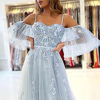 Vestidos de Baile Longos com Ombros Descobertos, Tule, Apliques, Vestido de Festa com Alças Finas, Vestidos Formais de Noite