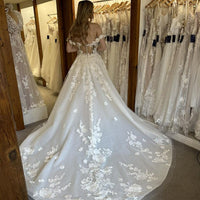 Classic Elegant Wedding Dresses For Mariages Sparkly Tulle V Neck Lace Appliques Off The Shoulder Slit Bridal Gowns