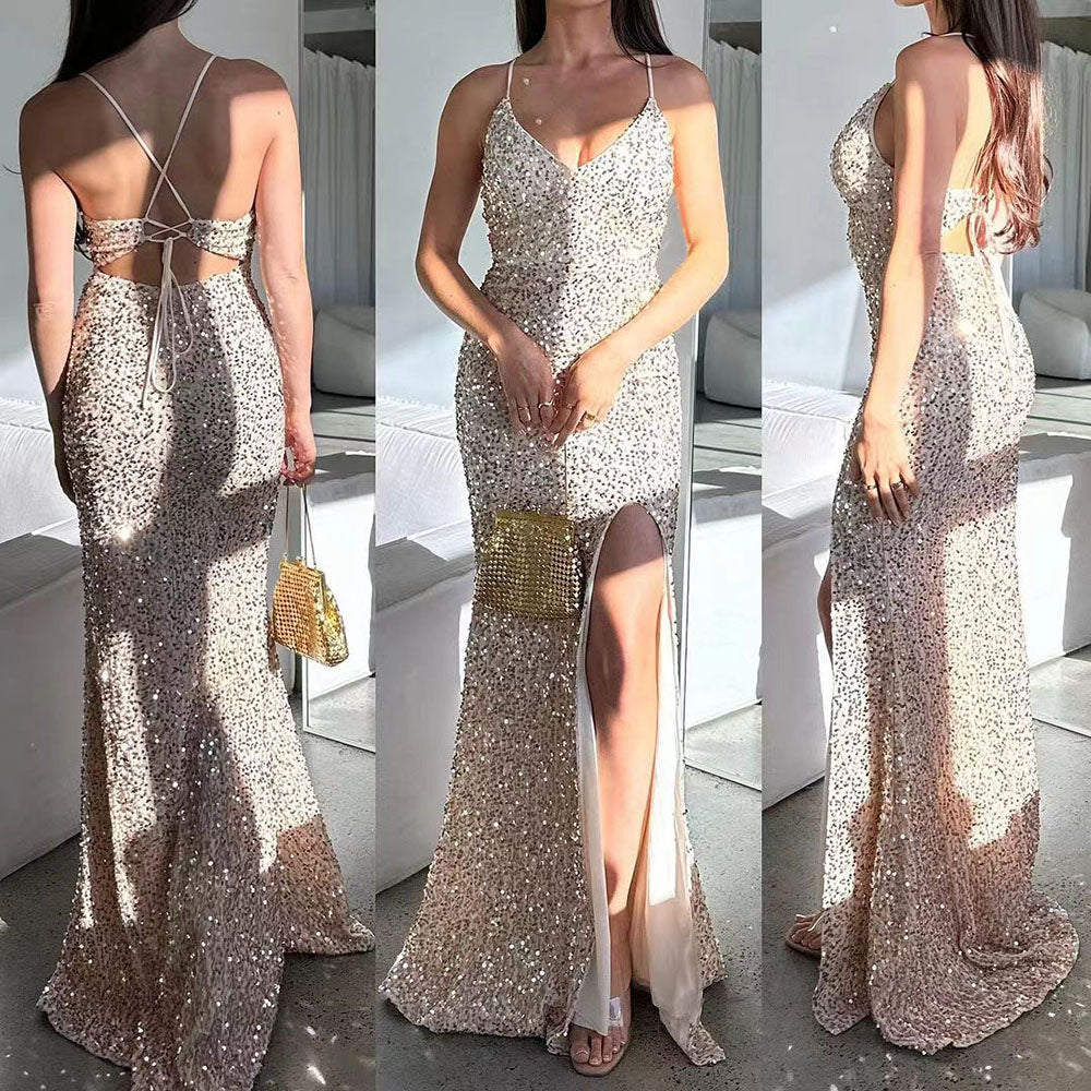 Vestido de Baile Formal de Mulher com Lantejoulas Brilhantes, Estilo Sereia, Fenda, Alças Finas, 2024