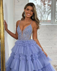 Abiti da sera formali da festa a strati in tulle con volant lunghi, abiti da ballo scintillanti da principessa