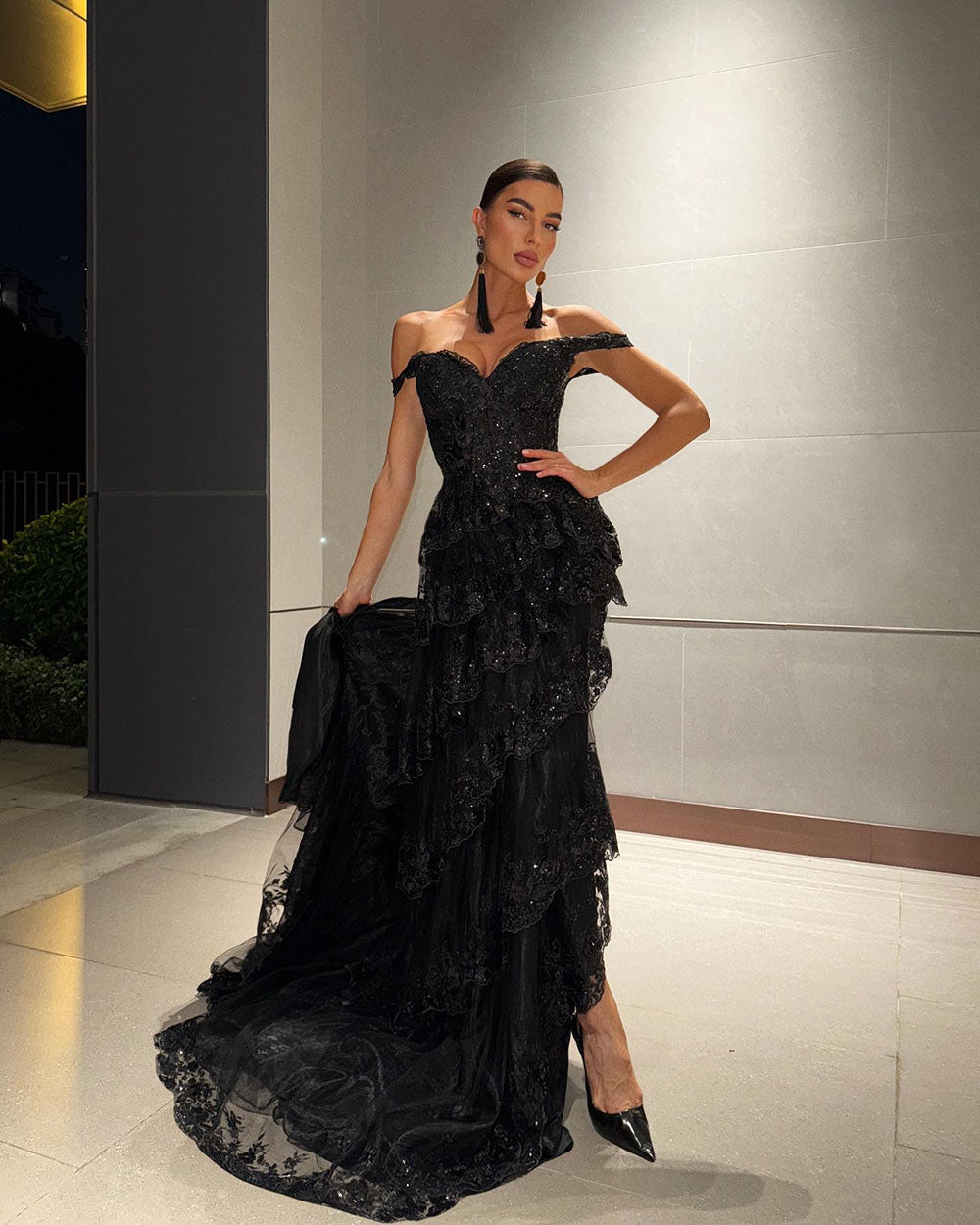 Off Shoulder Prom Dress Layered Lace Sequin Sexy High Slit Formal Evening Gaduation Dress Ms2506072