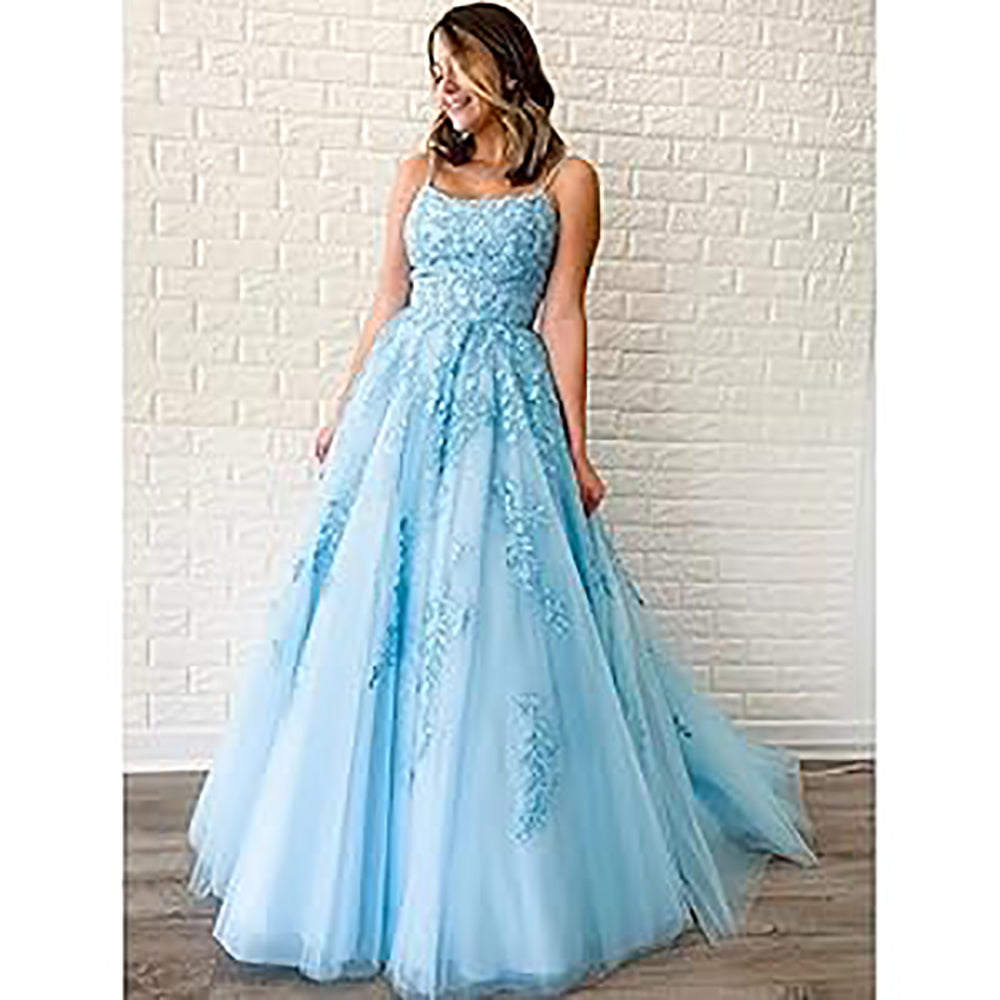 Abiti da sera lunghi con spalline sottili in tulle, applicazioni in pizzo, abiti da ballo per donne, vestito da festa