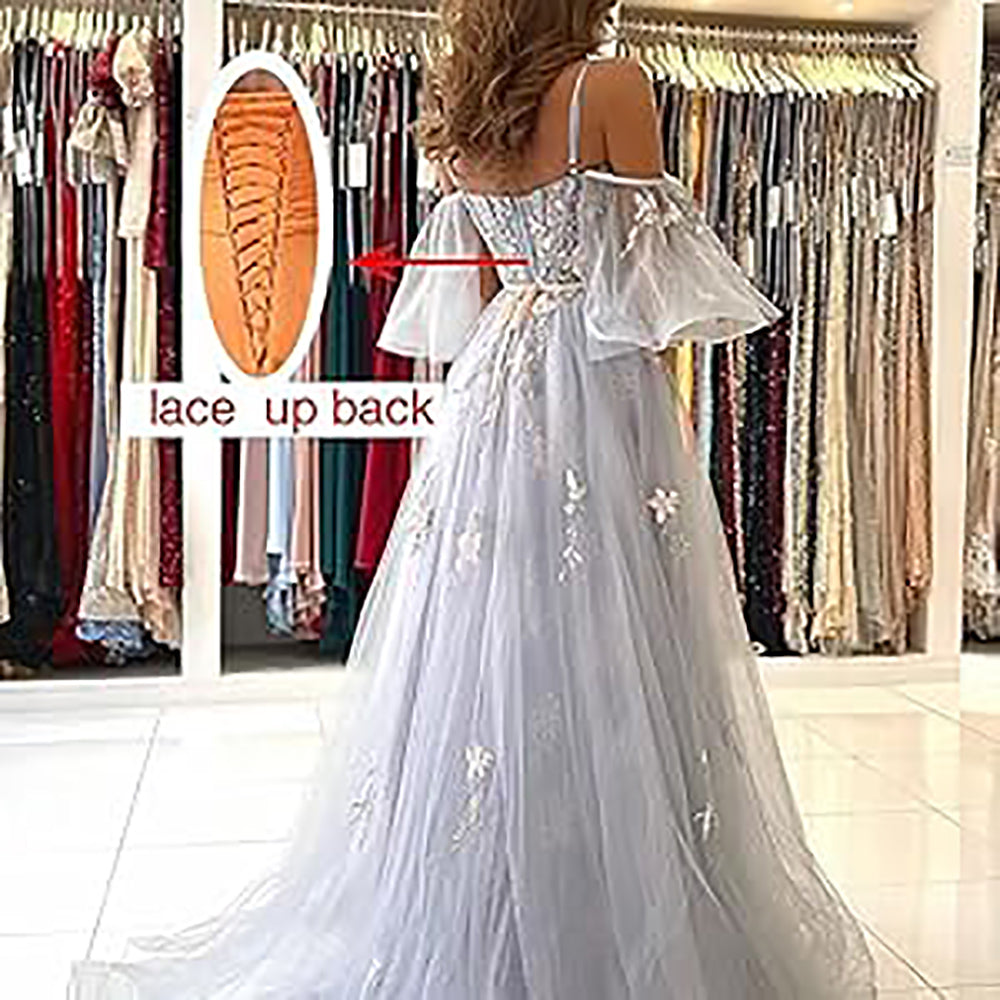 Vestidos de Baile Longos com Ombros Descobertos, Tule, Apliques, Vestido de Festa com Alças Finas, Vestidos Formais de Noite