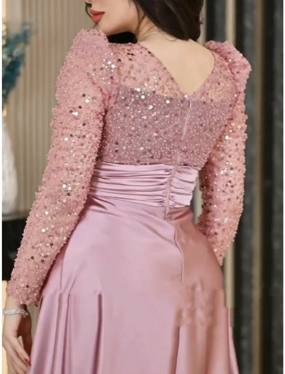 Abito da sera di lusso con scollo a V, rosa polvere, paillettes, maniche lunghe, abito da festa per ballo e matrimonio